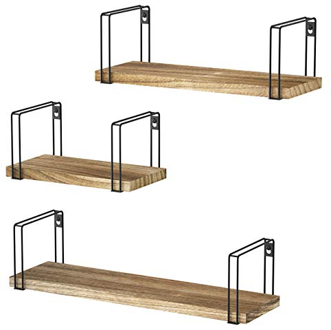 SRIWATANA Rustic Floating Shelves, Decorative Wood Wall Shelves Set of 3, Wall Mounted Storage Shelves for Bedroom, Living Room, Kitchen, Bathroom, Office and More Carbonized Black