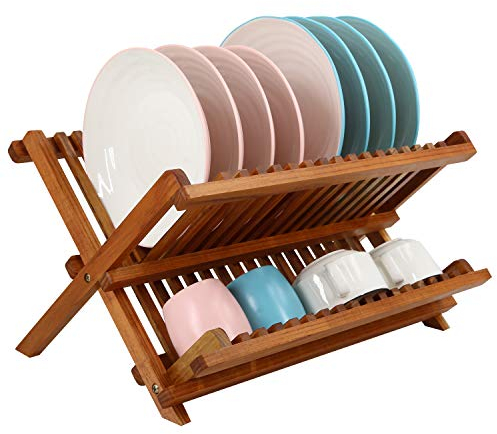 Utoplike Teak Dish Rack Stand Drainer, Collapsible 2 Tier Dish Drying Rack with Cup Holder, Wooden Plate organiser for Kitchen
