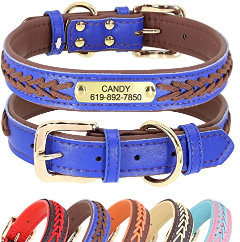 Didog Hundehalsband, Leder, mit Gravur des Namensschildes aus Messing, geflochtenes Leder, weich gepolstert, verstellbar, für kleine, mittelgroße und große Hunde,Braun, XXL(Halsumfang 52–62 cm)