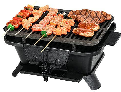Happygrill Charcoal Grill Portable Barbecue Smoker Grill, Cast Iron Hibachi Grill with Double-sided Grilling Net Air Regulating Door Fire Gate for Outdoor Cooking Camping Hiking Party