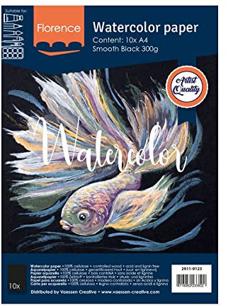 Florence Aquarellpapier Glatt - Zeichenblock für Aquarellfarben A4 - Schwarz - Malblock für Wasserfarben - Künstlerbedarf und Scrabooking - 300 gsm
