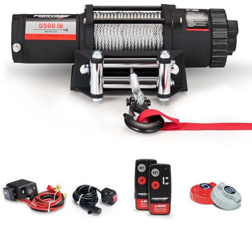 FieryRed Cabrestante eléctrico ATV/UTV de 12 V 5500 libras con cable de acero, cable y control remoto inalámbrico, guía de rodillo