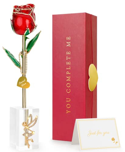 ihoomee Mothers Day Gifts Real Rose Dipped 24K Gold,Best Mothers Day Gifts for Mom Women,Forever 24k Rose with Crystal Stand-Red
