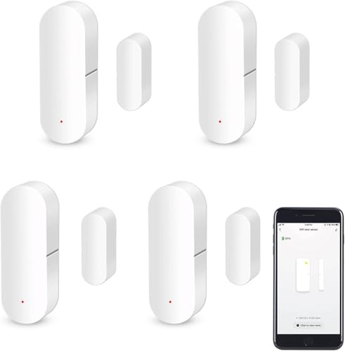 WiFi Türsensor, Intelligenter Fensterkontaktsensor, Drahtloser Fenstertürsensor Alarm, kompatibel mit Alexa und Google Assistant, kein Hub erforderlich, 4 Pack