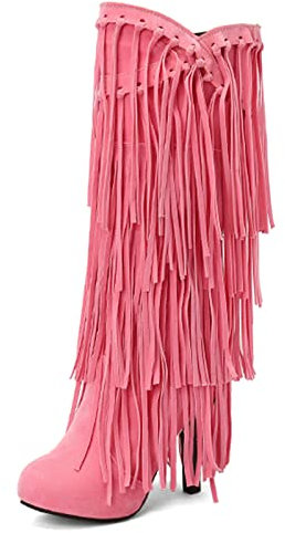 MJIASIAWA Donna Senza Chiusura Vintage Knee Stivali Con Le Frange Plateau Comodo Inverno Tacco A Spillo Alla Schiavae Warm Boots Rosa Numero 38 EU/39 Asiatico