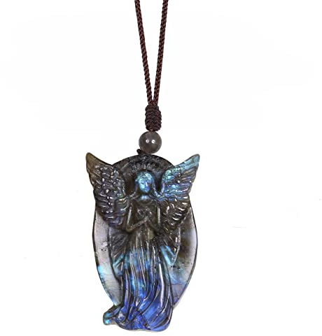 TUMBEELLUWA Handmade Angel Labradorite Pendant Necklace for Men Women