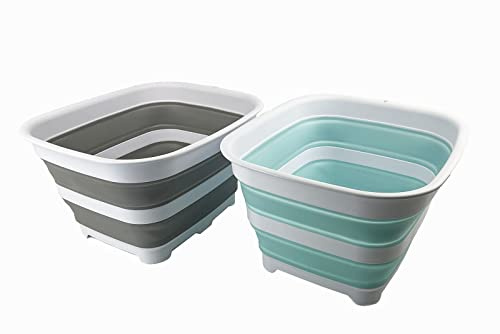 SAMMART 15L (3.9 Gallon) Collapsible Dishpan with Draining Plug - Foldable Washing Basin - Dish Washing Tub - Washing Up Bowl - Space Saving Kitchen Storage Tray (2, Grey+Lake Green (Set of 2))
