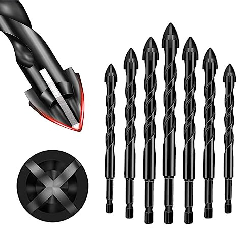 TRUNEB 4-Kanten-Kreuzbohrer-Set, 7-teilig,Steinbohrer-Set,Sechskantschaft-Bohrer-Set,Multifunktionales Kreuzlegierungs-Keramikbohrer-Set für Keramikfliesen, Wände, Zement, Holz