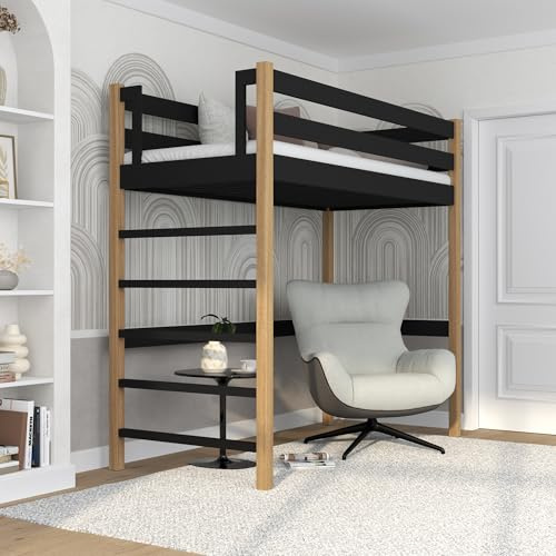 N-wood N01 Hochbett, Etagenbett 120x200 cm, aus Eichenholz, 2 Leitermontageseiten: Links oder rechts, sichere abgerundete Kanten, Stabile Massivholzkonstruktion, Hochwertige Materialien, Schwarzeiche