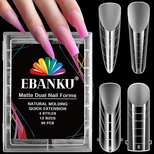 EBANKU 96 PCS Klare Matte Dual Nail System Form Mould Acryl Sarg Nagel Erweiterung Tipps Nail Art Maniküre Werkzeuge 12 Größen mit Skala(4 Stile)