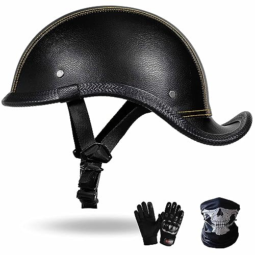 Casque De Moto Ouvertes Vintage Cuir Demi-Casques Bols Homme Femmes Scooter Cyclomoteur Casque Cruiser Demi-Jet Style ECE Homologué Adultes Casque Semi-Ouvert Moto