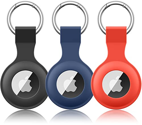 Wanme 3 Stück Hülle für Apple AirTag Anhänger mit Schlüsselanhänger, AirTags Silikon Tragbar Keyring Abdeckung, Schutzhülle für Apple AirTag Case Tracker (Schwarz+Dunkelblau+Rot)