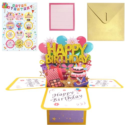 1-teiliges 3D-Grußkarten-Set mit Umschlag 1-teiliger Aufkleber 3D-Kartengeschenk für Jungen und Mädchen Happy Birthday Pop-up-Geschenkbox geeignet für Geburtstagsfeiern ifylitiheka
