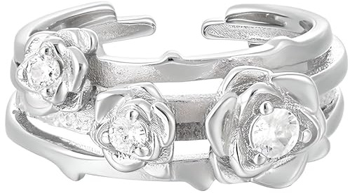 NicoWerk Damen Silberring Rose aus 925 Sterling Silber Blume Gewickelt Glänzend mit Stein Breit Verspielt Applikation Struktur Verstellbar SRI996