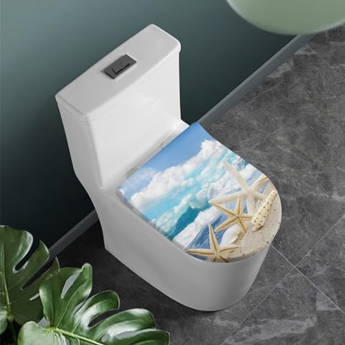 COEQINE Ensemble de housses pour abattant de WC bleu marine, motif plage de mer, couverture ovale allongée dortable avec bord élastique imprimé
