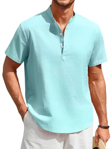 Enlision Herr Bomull Linne Skjorta Sommar Kortärmad Henley Shirt Knappar Avslappnad Hawaii Enfärgad T-shirt Herr T-shirt S-4XL, Grön mynta, M
