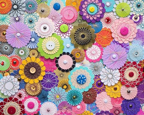 Springbok Bloomin Buttons Puzzle für Erwachsene, 1000 Teile, von Künstlerin Linda Stewart, mit einem Foto Einer floralen Komposition aus Knöpfen und Papier