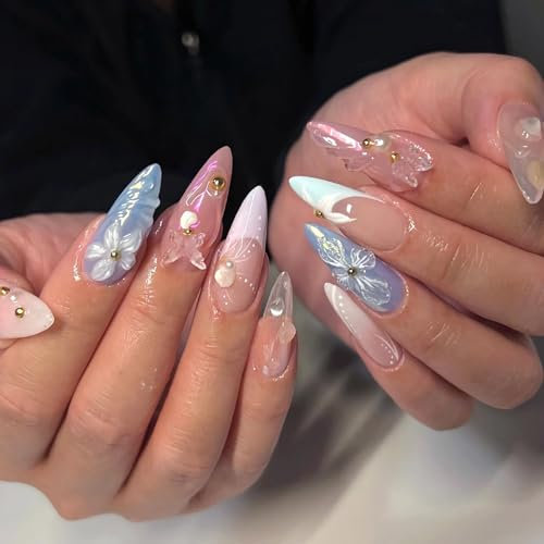 Irikdescia 24 Stück Mandelförmige Press On Nails, Mittellange Künstliche Nägel, Aufklebbare Fake Nails mit Blumen und Schmetterlingen Nägel zum Aufkleben 3D Silber Design