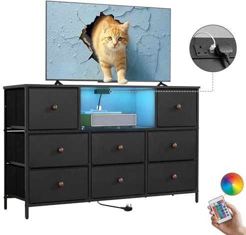 LYNCOHOME Chest of Drawers with Power Outlets and LED Lights, Fabric Wide Dresser TV Stand 45 with 8 Drawers, Bedroom Furniture