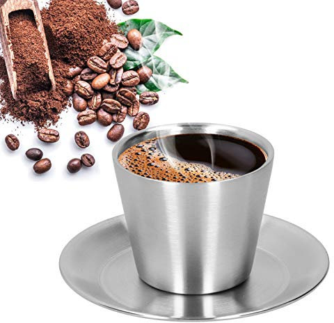 Beufee Juego de tazas de café, juego de tazas de café expreso de acero inoxidable, juego de taza y platillo, taza de café de doble pared con platillo para té con leche