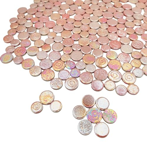 500 g gemischte 3 Größen runde Keramik-Mosaikfliesen, kreative handgefertigte Heimdekoration (Regenbogen-Hellrosa)