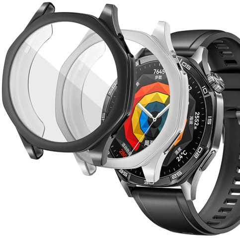 sciuU Protective Case compatible with Huawei Watch GT 5 46mm, [2 Pack] All-around Flexible TPU Case with Built-in Screen Protector, Soft Frame & Shockproof Cover fit GT5 Smartwatch - Black + Silver