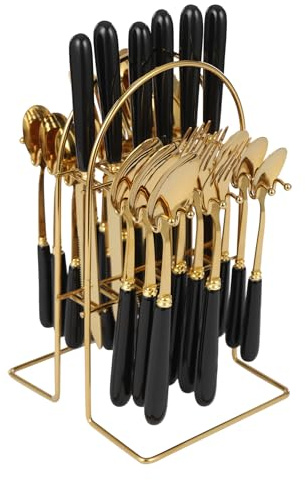 Cutlery Set for 6 People 24 Pieces Stainless Steel Knife and Fork Sets with Knives, Forks, Spoons, Teaspoons and Stand for Family, Restaurants, Kitchens, Restaurants, Hotels, Parties(Gold+ Black)