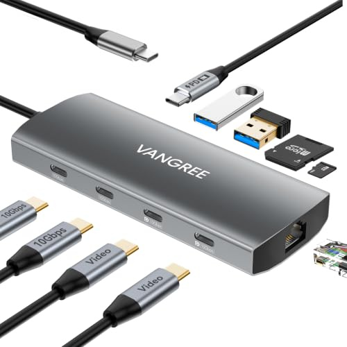 VANGREE 10Gbps USB C Hub, Dual 4K@60Hz USB-C Display, 100W PD | 10-in-1 USB C Splitter, 2x USB-A & 2x USB-C 3.2, 1Gbps LAN, 100W PD, SD/TF, Dual Monitor für MacBook, Samsung, Dell