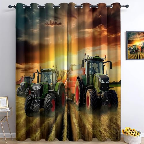 Bauernhaus Weizenfeld Traktor Vorhänge mit Ösen, H200 x B70 cm 2er Pack, Bunt Grün Gelb Orange, Blickdicht Verdunkelung, Thermoisolierend, Bauernhof Fensterdekoration für Wohnzimmer Schlafzimmer