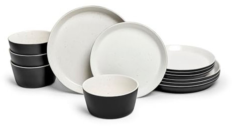 Sango Stockholm Service de table 12 pièces en grès noir/blanc – Service pour 4 personnes, assiettes et bols, blanc moderne avec glaçage moucheté noir, pour les repas quotidiens et le divertissement