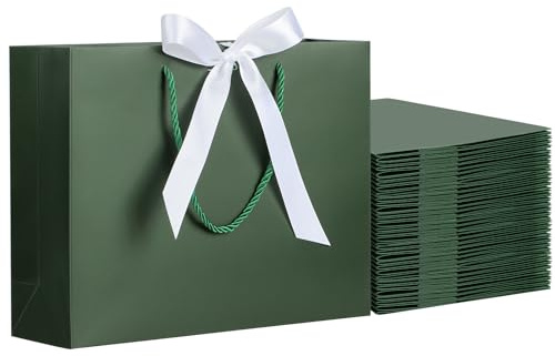 EUSOAR Papiertüten mit Henkel Dunkelgrün - 50 Stück 230GSM Geschenktüten mit Band - 27x8x21cm M Mittel Geschenktaschen - Gift Bag mit Band Verpackungstüten - Papier Tüten Geburtstag