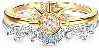 Jeulia 925 Silber 2 Stück Ring Set Zirkonia Sonne Und Der Mond Freundschaftsringe Gold Verlobungsring Ewigkeitsringe Eheringe für Geburtstag, Weihnachten, Valentinstag