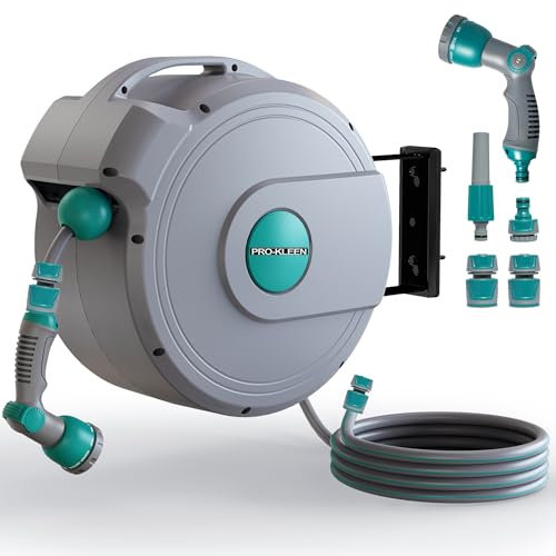 Pro-Kleen Retractable Hose Reel Wall Mounted 20M, Auto Lock, Auto Rewind, 10 Function Spray Gun Nozzle, 180 Degree Pivot Swivelling, Long Reach, Garden Outdoor, Vehicle Watering Pipe Heavy Duty (20M)