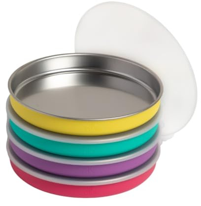 Elk and Friends 7.8” Stainless Steel Non Divided Plates with Silicone Sleeve + Storage Lid | Baby, Toddler, Kids | Dishwasher Safe | Dinner & Snack Plates | 4 Pack