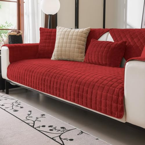 Bettschlange Sofa Überzug mit Rutschfester Unterlage,Rot,70x150cm | Couchbezug aus Flanell, maschinenwaschbare Sofaschoner, Sofabezug zum Schutz des Sofas, gegen Kratzer von Katzen und Hunden
