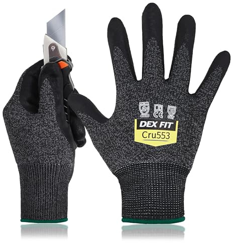 DEX FIT Level 5 Cut Resistant Gloves Cru553, 3D-Comfort Stretchy Fit, Power Grip, Professional Grade, Thin, Touch-Screen Compatible, Durable, Machine Washable; Black Gray M (8) 1 Pair