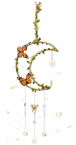 Kleemeiero Atrapasoles de Cristal Colgante con Diseño de Luna y Mariposa | Atrapasueños Luna para Ventana y Jardín | Móvil de Cristal para Colgar | Kit de Decoración Suncatchers Brillante