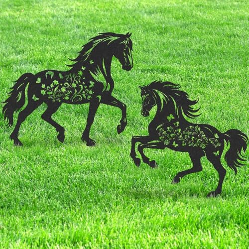 Gartendekoration aus Metall, Blumenpferd, 2-teiliges Set mit hohlen Pferden, Rasenornamenten