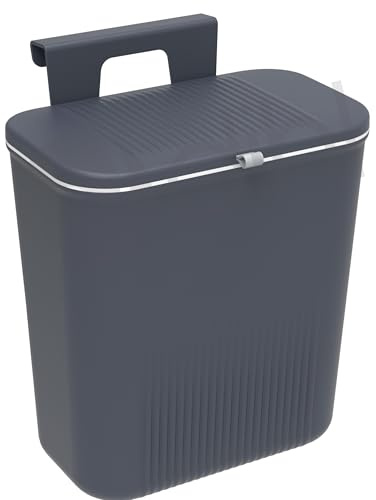 Dihl 9 Litre Hanging Trash Bin with Lid, Anthracite | Wall Mounted, Kitchen Compost Bin, Plastic Rubbish Bin Wastebasket, For Under Cupboard, Cabinet Door, Bedroom, Offices