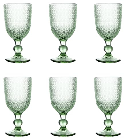 Evviva Set 6 calici vino 300 ML in vetro colorato e decoro geometrico a rilievo Mozart (Verde)