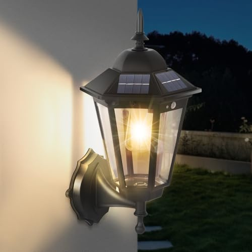 Delousiber Solar Outdoor Wall Lights,IP65 Waterproof PIR Security Light,Motion Sensor Outside Lights Mains Powered,Traditional Black Lamp for Front Door