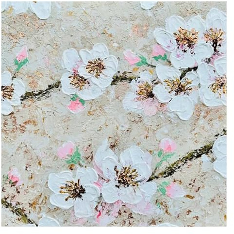 LCDIUDIU Dipinto A Olio Astratto Dipinto A Mano Su Tela, Rosa Bianca, Ramo Di Stami Di Fiori Su Tela, Opera D'Arte Moderna Senza Cornice, per Soggiorno, Camera Da Letto, Ufficio, Arredamento per La