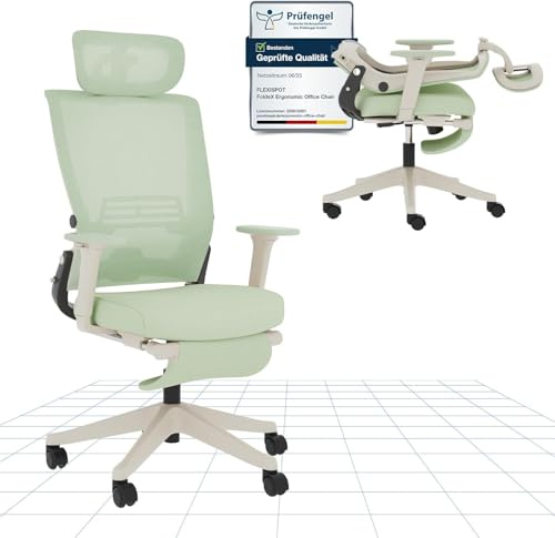 FLEXISPOT Ergonomischer Bürostuhl, Foldex, klappbarer Bürostuhl für Kleine Räume mit Lendenwirbelstütze, Höhenverstellbaren Armlehnen, 2D Kopfstütze, Schreibtischstühle mit Fußstütze Grün