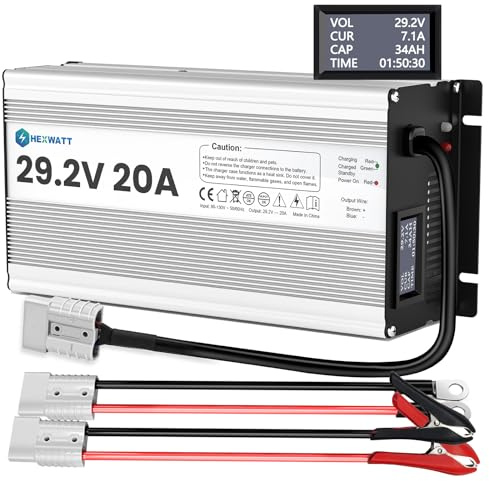 Hexwatt 29.2V 20A LiFePO4 Battery Charger 24V 20A with LCD Display for 25.6V LiFePO4 Battery, Lithium 24V Charger Anderson Connectors for Solar, RV, Marine,Home