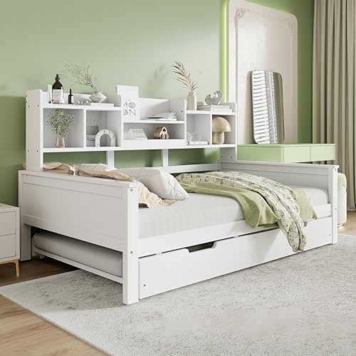 WIZBED Massivholz Schlafsofa 90x200 mit Ausziehbett, Regalen, Ausziehbarem Bett,Tagesbett Schlafcouch mit Lattenrost, Gästebett Funktionsbett | Holzbett | Kinderbett, ohne Matratze,Weiß