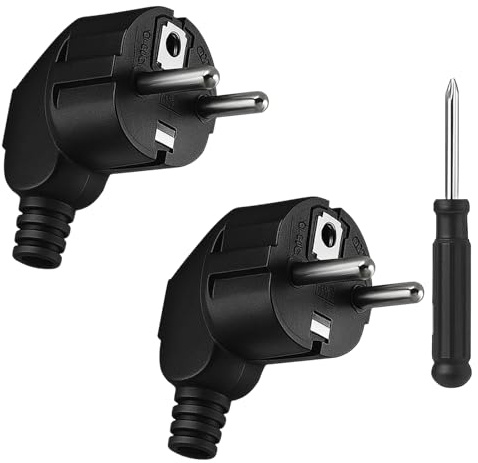Stecker 230v, 2 Stücke Schuko Stecker mit Schraubendreher | Stromstecker 230V mit Knickschutztülle, Winkelstecker für 8-10mm Kabel IP20, Langlebig und Bruchfest, Schwarz