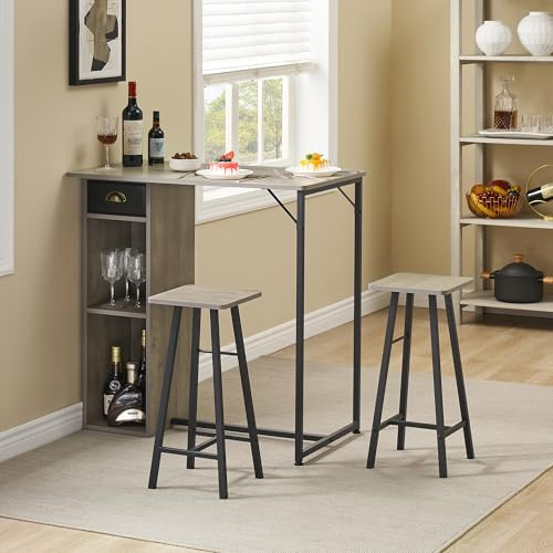 Lot de 3 tables de bar - Table haute à manger avec 2 chaises, 2 étagères et tiroir - Ensemble de salle à manger pour 2 personnes - Structure en métal - Petite table de petit-déjeuner - Table de