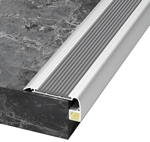 120 cm L-förmige Treppenkantenprofil mit LED-Kanal, 100 cm Aluminium-Treppen-Winkelprofil mit rutschfestem Gummistreifen für Außen und Innenbereich(Gray,120cm/47 In)