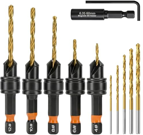 Countersink Drill Bit Set, 12Pcs Wood Counter Sink Drill Bits for #4, #6, #8, #10, #12 Screws, 1/4 Hex Shank, Adjustable Bit Holder with Magnetic Extension and Replaceable Drill Bits for Woodworking