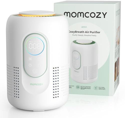 Momcozy purificador de aire para habitación infantil, sistema de 4 filtros con filtro HEPA H13 y carbón, PM2.5 en tiempo real con indicador de 3 colores, modo sueño 21 dB, luz nocturna regulable